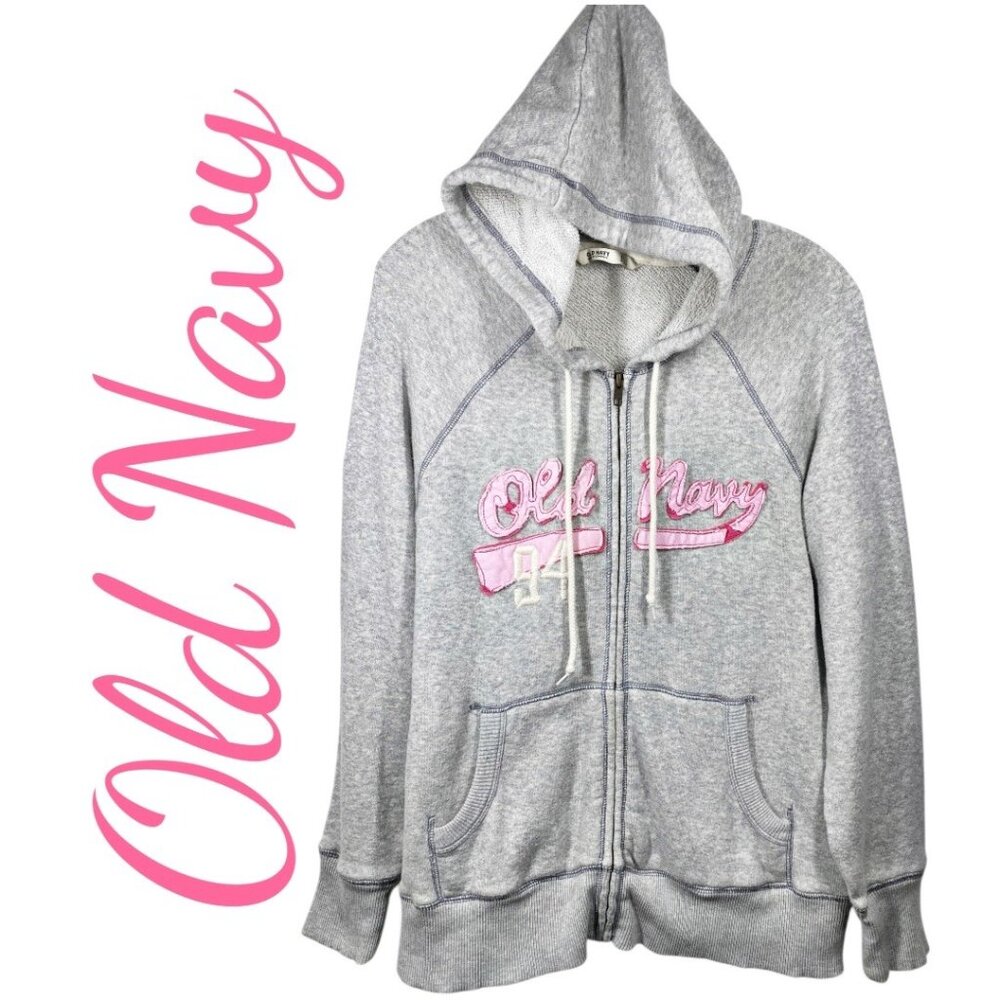 OLD NAVY LOGO HOODIE FULL ZIP HEATHERED GRAY PINK LOGO 1994 RETRO WOMEN'S LARGE